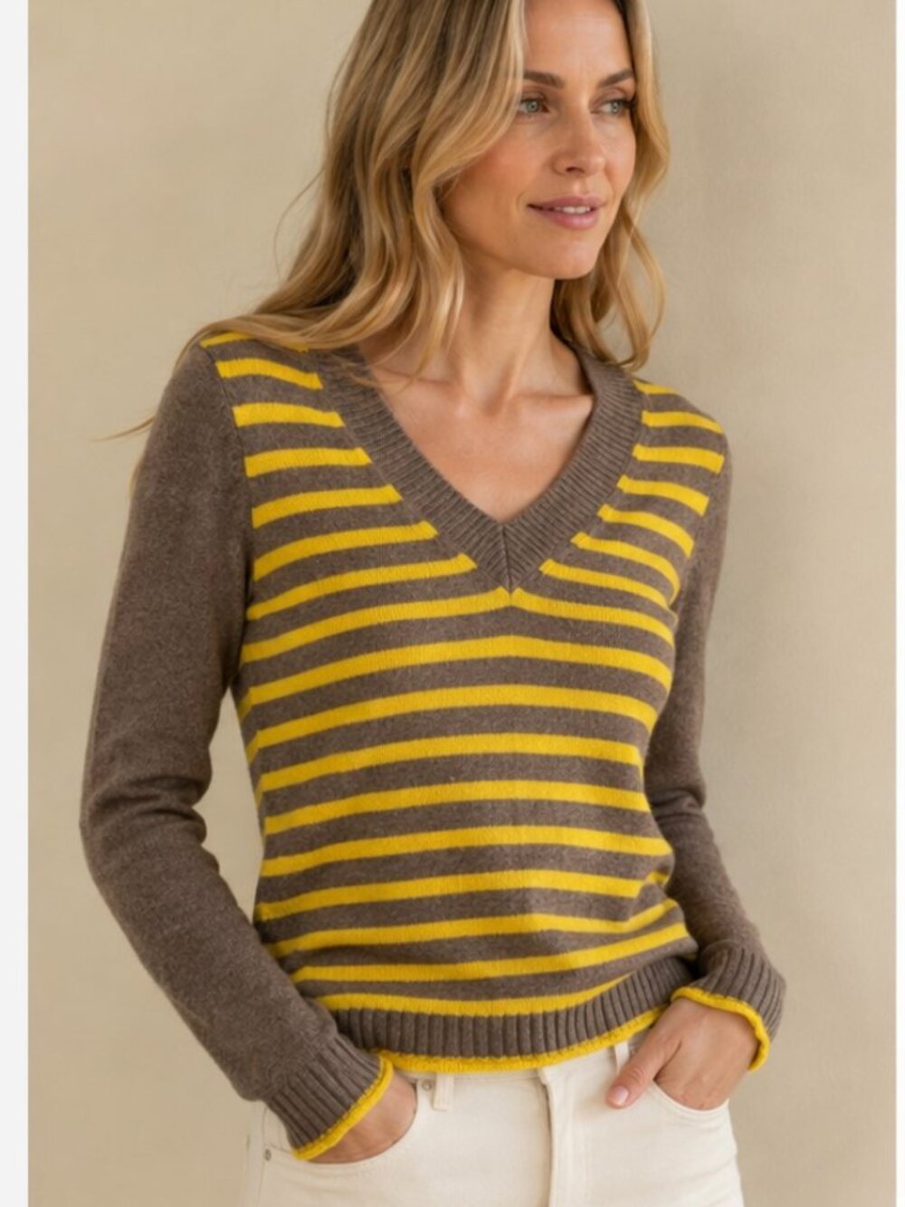 Patricia Adams Cashmere Striped V neck Sweater